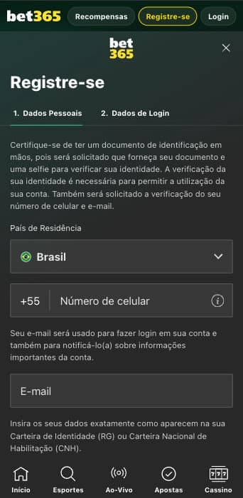 Tela de cadastro da bet365 com campos de dados pessoais e país de residência