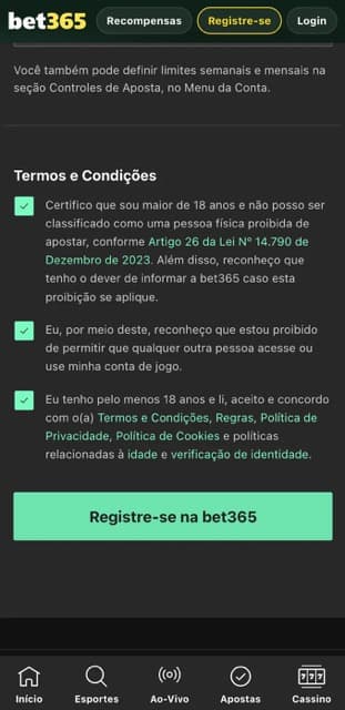 Tela de termos e condições e botão para finalizar o registro na bet365
