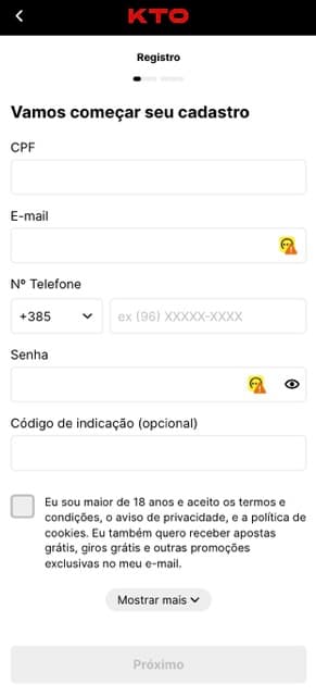 KTO-dados-cadastro Página de cadastro da KTO solicitando dados como CPF, e-mail, número de telefone, senha e o código de indicação