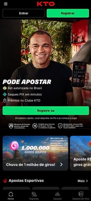 kto-pagina-entrada Página de entrada da KTO exibindo Denílson, garoto-propaganda da marca, com botões de registro em verde e oferta no cassino.
