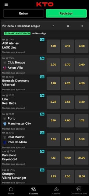 kto-pagina-eventos-futebol Página com os jogos de futebol para apostar na KTO, com odds de resultado final, na Liga dos Campeões da Europa